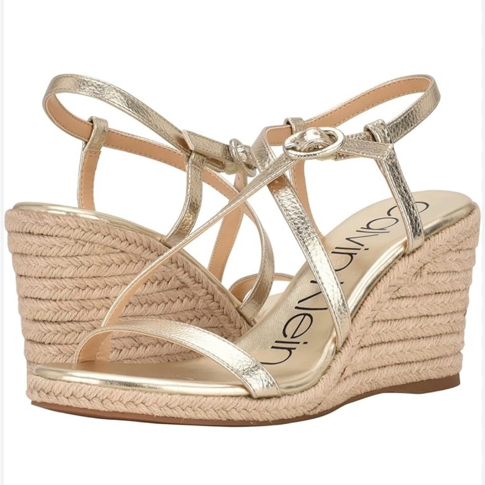 Calvin Klein Gold Wedge Espadrilles with Strappy Design